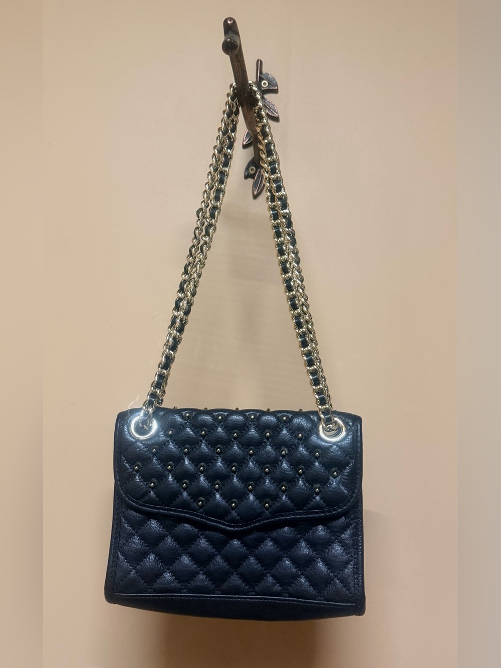 Rebecca Minkoff  Quilted Black Leather Shoulder Bag with Gold Chain Strap